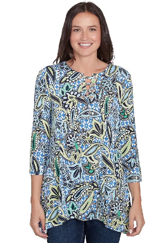 Warm and substantial Resort Ready Ikat Grommet Neck Top
