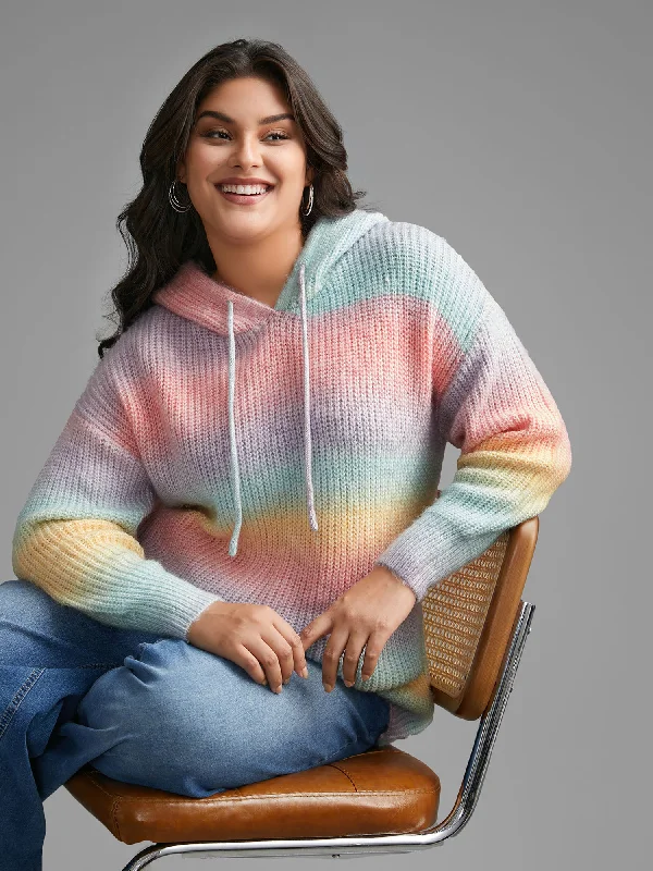 Street Casual Style Ombre Contrast Hooded Drop Shoulder Pullover