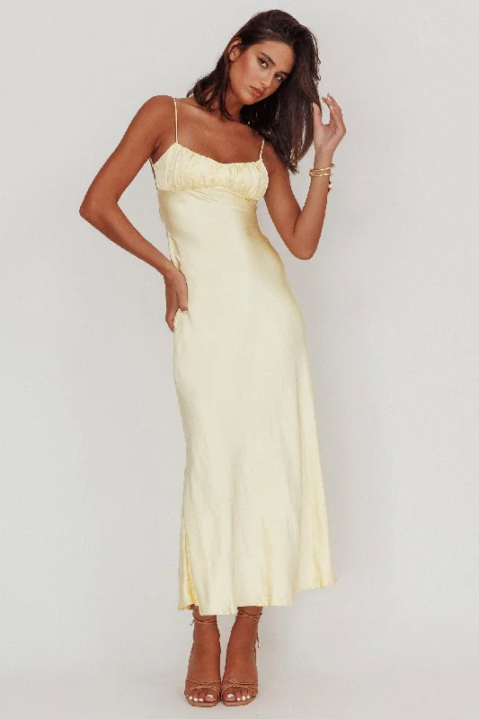 Sports suit style Nerida Twist Back Satin Maxi Dress Lemon