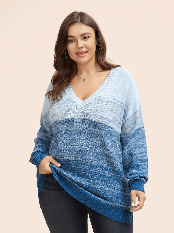 Sweet Soft Feeling Cotton V Neck Ombre Split Hem Pullover