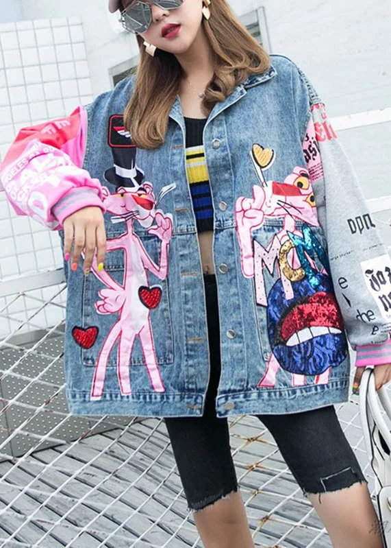 Sweet Soft Feeling Plus Size Blue Peter Pan Collar Pink Leopard Print Patchwork Sequins Button Denim Coat Long Sleeve