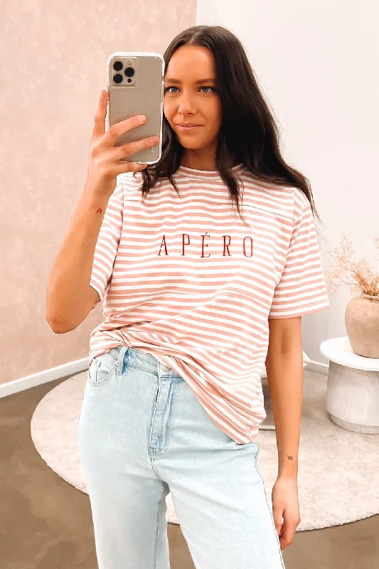 Elegant Classic Essential Panel Embroidered Stripe Tee Pink White Red