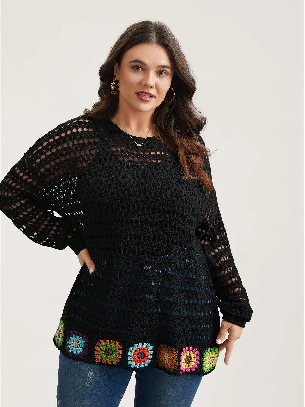 Sports Comfort Style Hand Crochet Floral Cut-Out Pullover