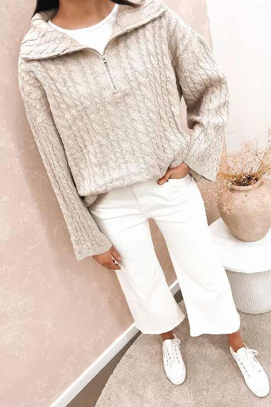 Retro Elegant Style Izak 1/4 Zip Jumper Oatmeal