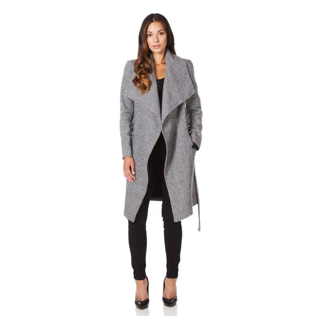 Renaissance Style De La Creme - Womens Prince Of Wales Check Large Lapel Duster Coat Renaissance Style De La Creme - Womens Prince Of Wales Check Large Lapel Duster Coat