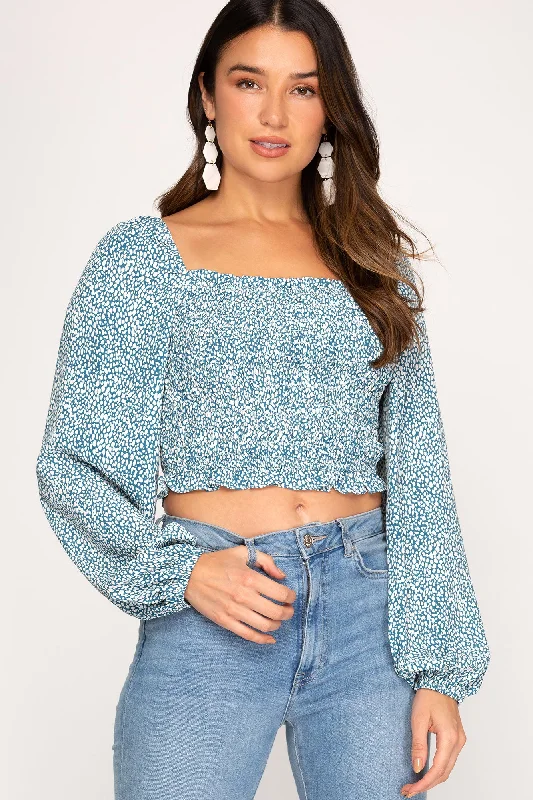 Sweet Fresh Feeling TEAL BLUE PRINTED LONG SLEEVES SMOCKED WOVEN TOP S5SS7917