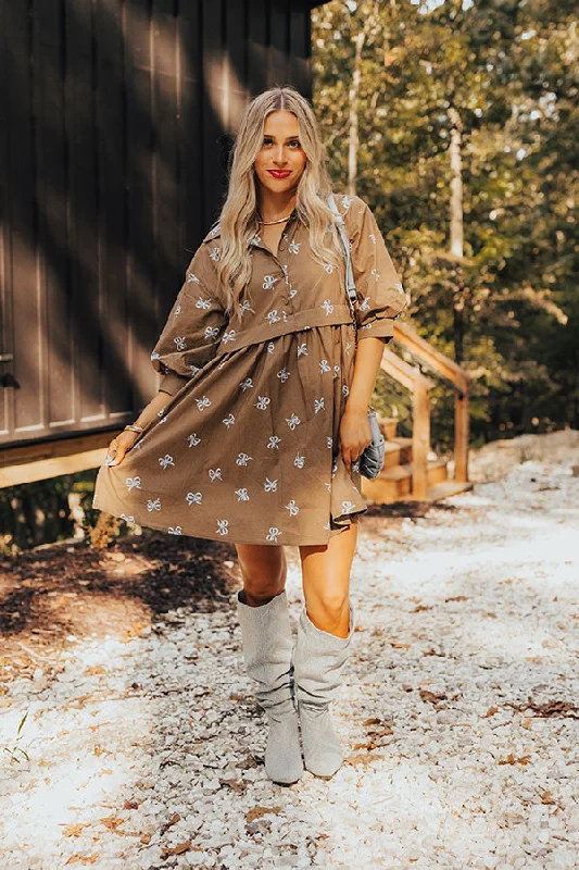 Sweet Pink Color For The Love Of Bows Mini Dress in Mocha