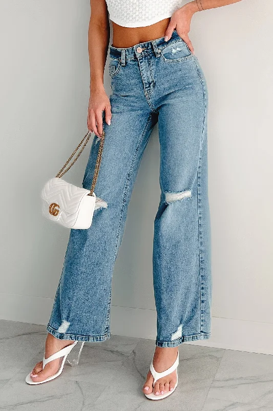 Street Graffiti Design Molly High Rise Wide Leg Distressed Indigo Reign Jeans (Medium Light)