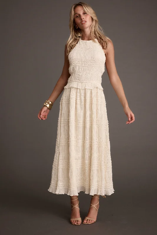 Retro Literary Style Quinn Ivory High Neck Shimmer Chiffon Maxi Dress