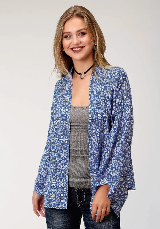 Fashion Style Roper Womens Blue Rayon/Nylon Tile Print Cardigan