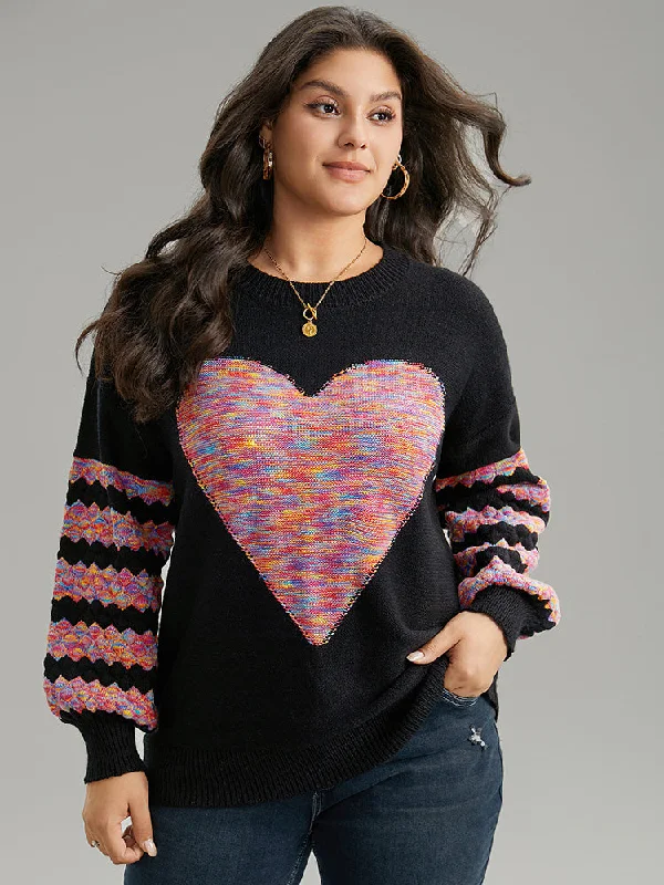Sweet Chiffon Style Heart Heather Patchwork Crew Neck Pullover
