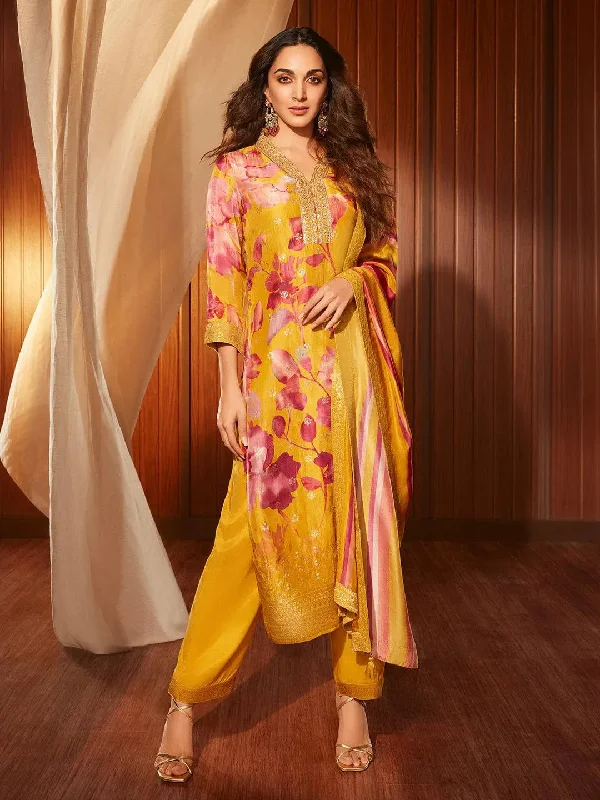 Affordable selection Mustard Printed Silk Blend Straight Suit With Dupatta