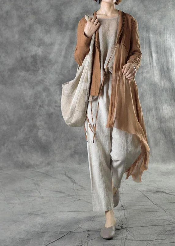 Sweet Puffy Skirt Fashion Khaki Tie Waist Patchwork Asymmetrical Design Fall Jackets Long Sleeve
