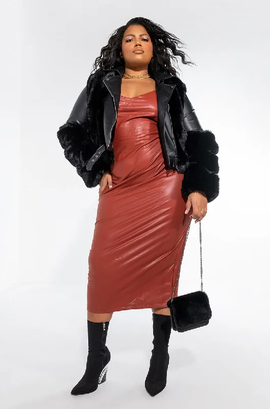 Alice style PREMIUM STRETCH VEGAN LEATHER MIDI DRESS rust