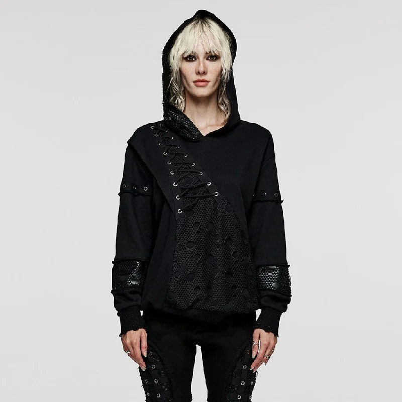 Street Letter Style Women's Punk Mesh Splice Unedged Hoodies