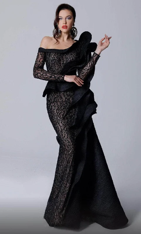 Round neck design MNM Couture 2735 - Asymmetric Beaded Lace Evening Gown