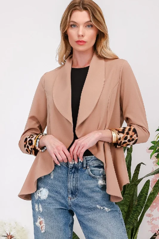 Affordable selection Celeste Full Size Rolled Leopard Cuff Open Front Blazer