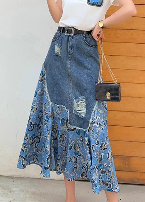 Street Casual Style Blue Denim Patchwork High Waist Button Maxi Skir