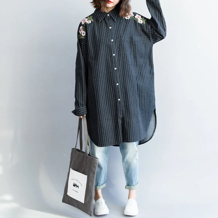 Fun and cute fashion outfit Refashion Turn-down Collar embroidery dark blue striped DIY cotton tops