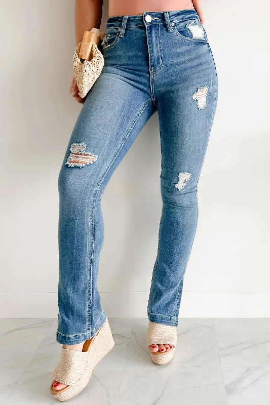 Street Vertical And Horizontal Design Ellington Distressed Indigo Reign Bootcut Jeans (Medium Light)