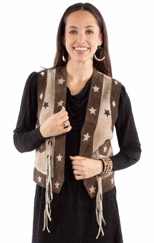 Creative Style Scully Womens Stars Fringe Yoke Brown Leather Leather Vest