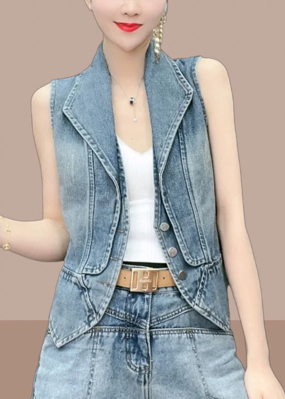Retro Stripes Natural Blue Peter Pan Collar Patchwork Denim Vest Sleeveless