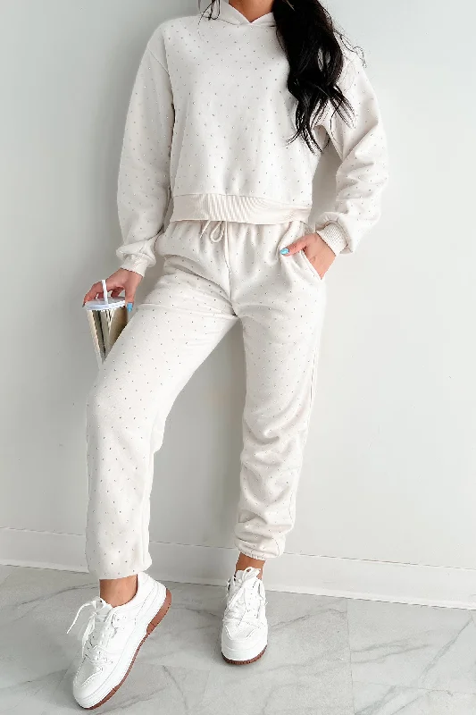 Retro Literary Style Dazzle and Dream Rhinestone Hoodie And Jogger Set (Sand)