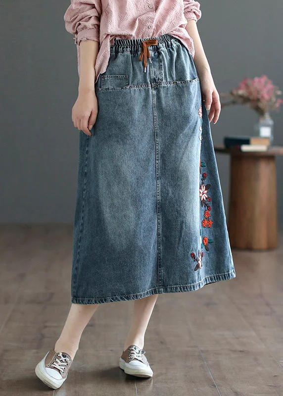 Warm and substantial Style Blue Embroideried Patchwork Elastic Waist Denim A Line Skirts Summer Warm and substantial Style Blue Embroideried Patchwork Elastic Waist Denim A Line Skirts Summer