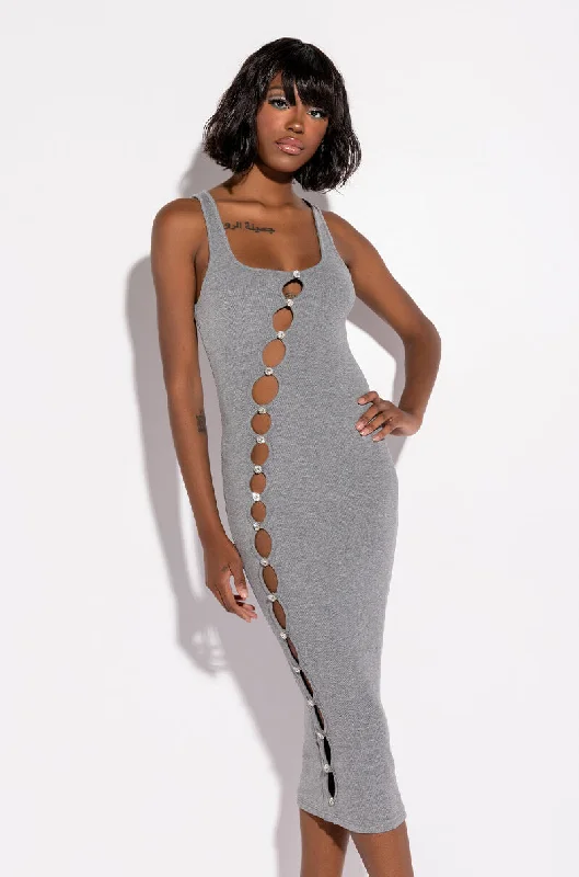 Avant-garde trend TULUM CUT OUT RHINESTONE RIBBED MIDI DRESS