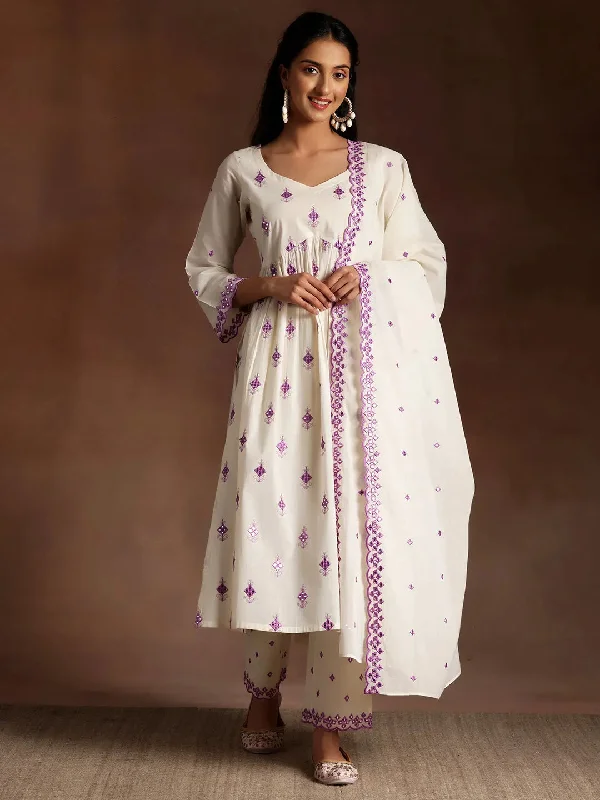 Sweet Puffy Skirt Off White Embroidered Cotton Anarkali Suit With Dupatta