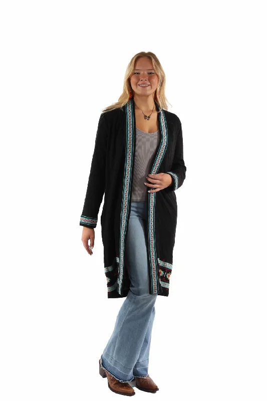 Sports Vitality Style Scully Womens Double Knit Embroidered Black 100% Cotton Cardigan Sweater Sports Vitality Style Scully Womens Double Knit Embroidered Black 100% Cotton Cardigan Sweater