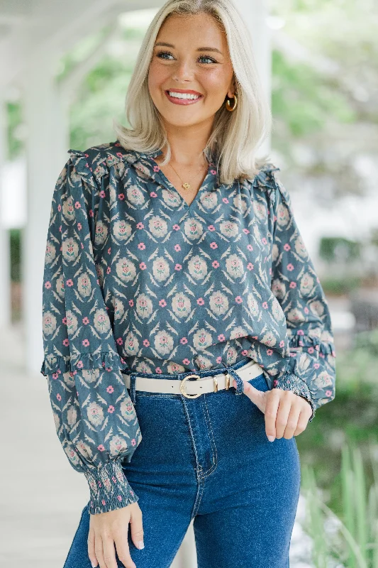 Street Vertical And Horizontal Design All Worth It Navy Blue Medallion Blouse