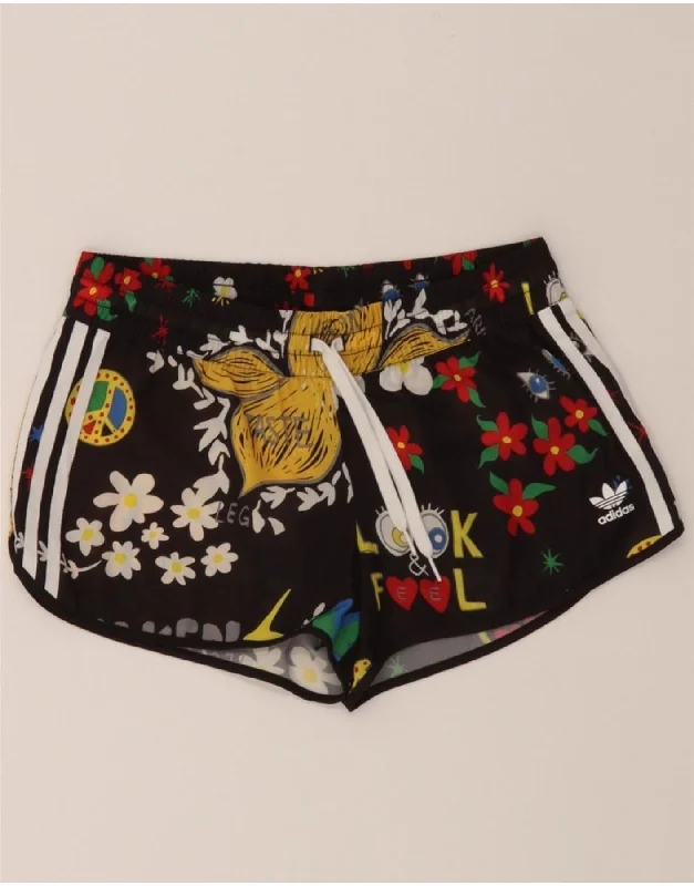 Sweet Stand-Up Collar Style ADIDAS Womens Graphic Sport Shorts UK 10 Small Black Floral Polyester