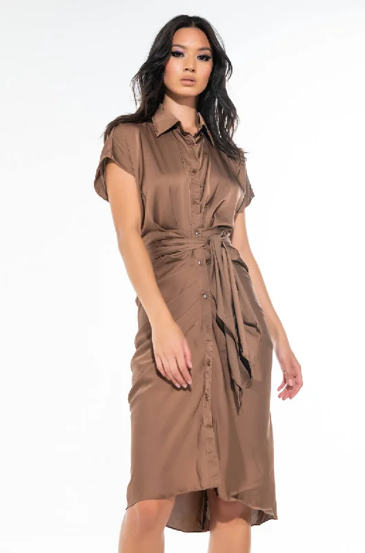 Sweet Lace Design WEDDING GUEST READY SATIN TIE FRONT DRESS BROWN