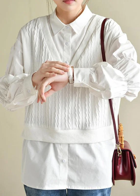 Trendy and versatile Fine Cinched Peter Pan Collar White Button Down Top