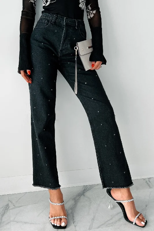 Street Sports Style Always Relevant Embellished Straight Leg Jeans (Washed Black)