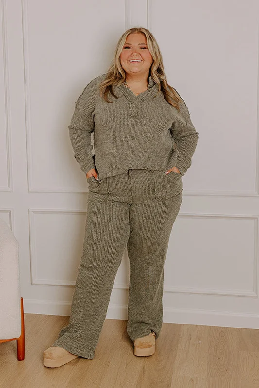 Retro Stripes Cozy Haven High Waist Vintage Wash Knit Pants in Olive Curves