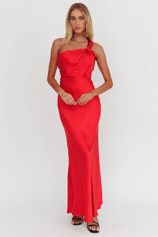 Sweet Unique Design Fly Love Satin One Shoulder Maxi Dress Red