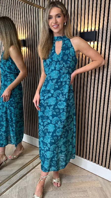 Retro Lace Fabric Rosalie Teal Printed Halterneck Tie Detail Midi Dress