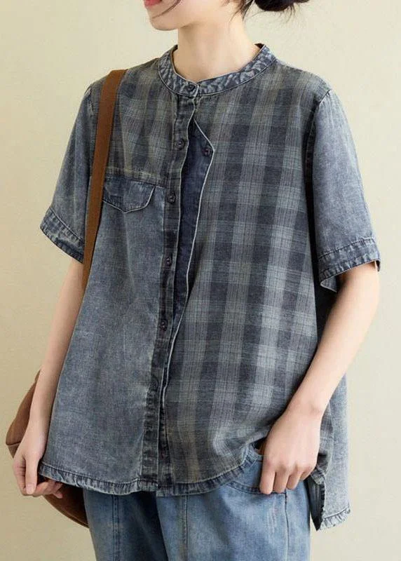 Sports litigation style Vintage Blue Grey Denim Plaid Patchwork Summer Tops Short Sleeve Sports litigation style Vintage Blue Grey Denim Plaid Patchwork Summer Tops Short Sleeve