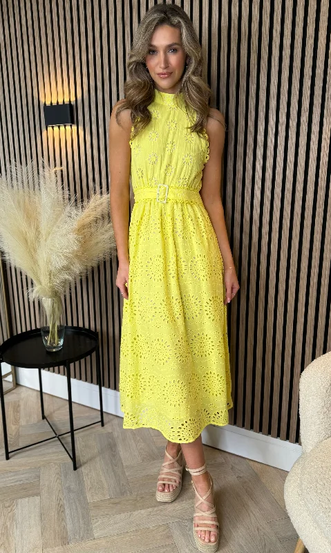 Street Style Layla Yellow Broidery Detail Belted Midi Dress
