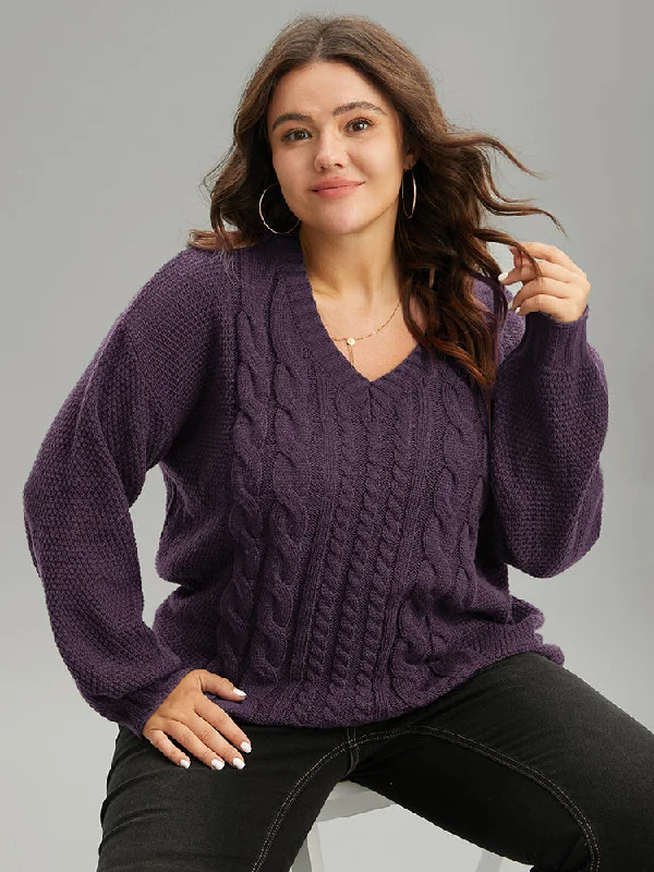 Street Sports Style Solid Cable Knit V Neck Elastic Cuffs Pullover