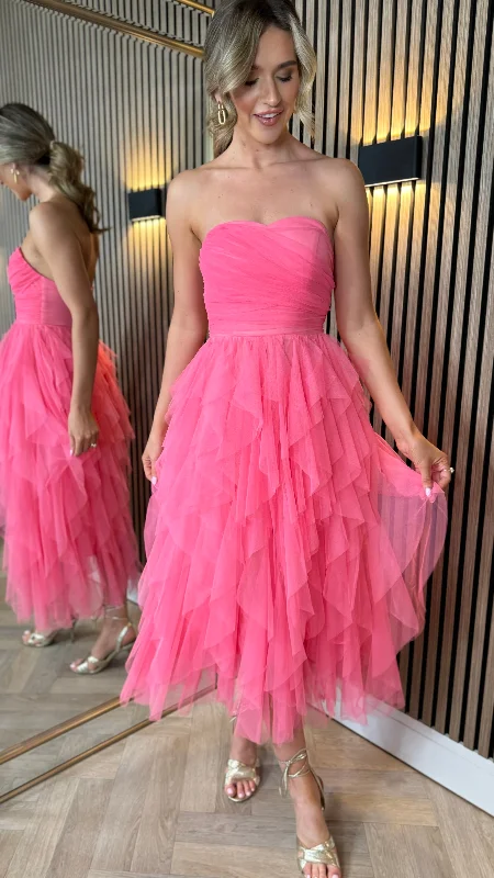 High-end atmosphere Lettie Watermelon Bandeau Ruffle Detail Midi Dress