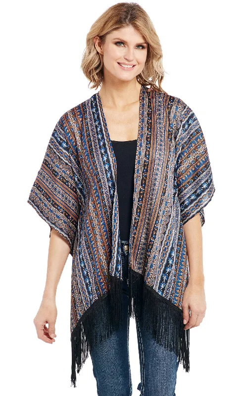 Renaissance Style Cowgirl Up Womens Multi-Color Polyester Fringe Hem Kimono Cardigan S/S