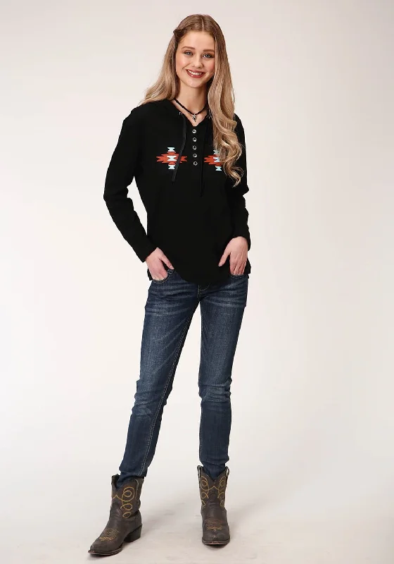 Design sense Roper Womens Black 100% Cotton Aztec Henley L/S Hoodie