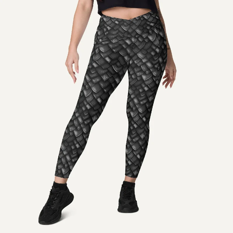 Retro Lace Fabric Onyx Dragon Scales Crossover Leggings With Pockets