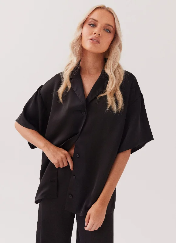 Sweet Soft Feeling Palm Cove Satin Shirt - Black