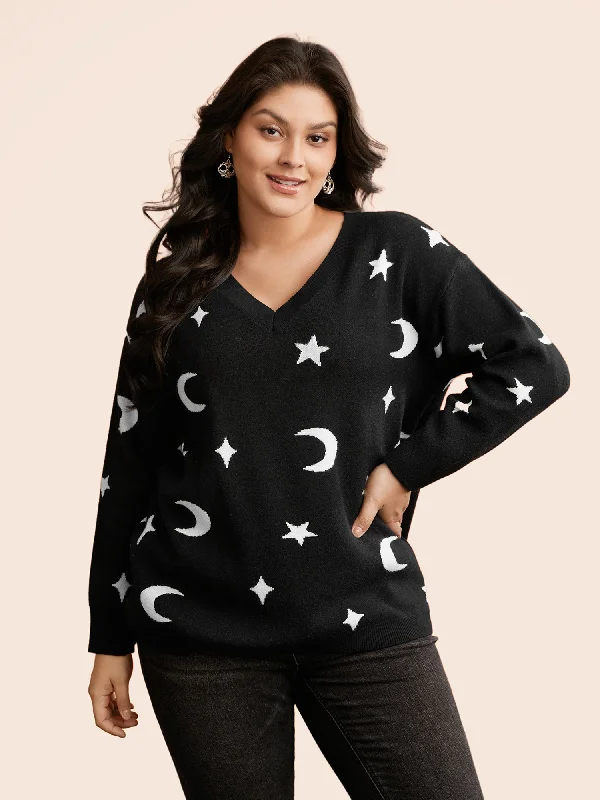 Literary Style Supersoft Essentials Celestial Jacquard V-Neck Pullover