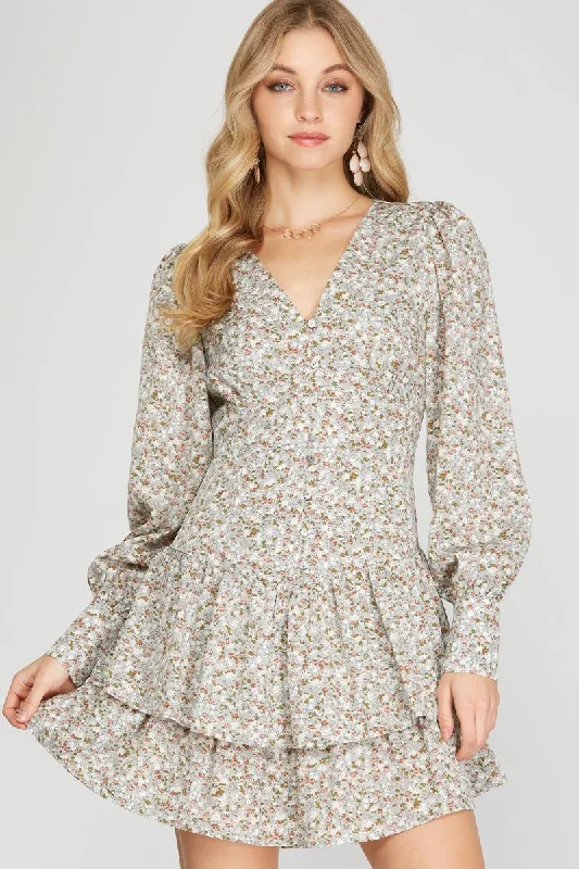 Street Graffiti Design SEAFOAM FLORAL PRINT BUTTON DOWN CUFF LONG SLEEVES MINI DRESS SS8703