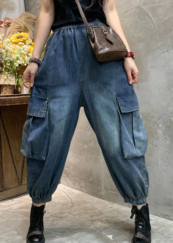 Free and comfortable Unique Blue Pockets denim lantern Pants Spring